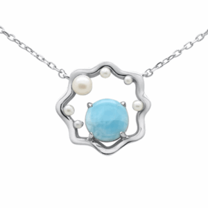 .925 Sterling Silver Natural Larimar & Pearl Pendant Necklace 16-18" Extension