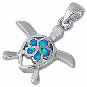 Blue Opal Plumeria On Turtle .925 Sterling Silver Pendant