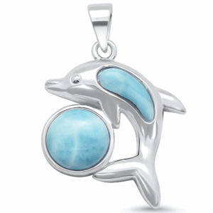 Natural Larimar Ball & Dolphin Design .925 Sterling Silver Pendant