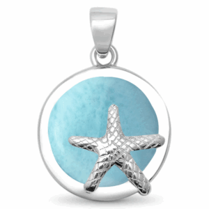 Natural Larimar Round Starfish .925 Sterling Silver Pendant