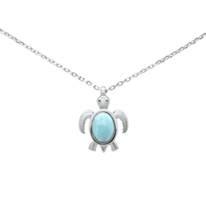 Oval Shaped Natural Larimar Turtle .925 Sterling Silver Pendant Necklace 16-18" Extension
