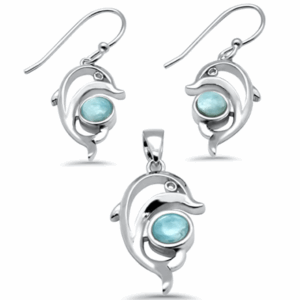 Round Natural Larimar Dolphin .925 Sterling Silver Pendant & Earring Set