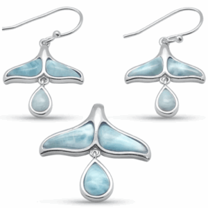 Whale Tail & Pear Shaped Natural Larimar .925 Sterling Silver Earring & Pendant Set